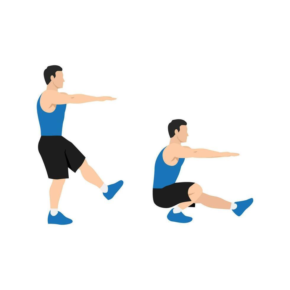 Mens aan het doen pistool. single been uitgebreid arm squats oefening. vlak vector illustratie geïsoleerd Aan wit achtergrond