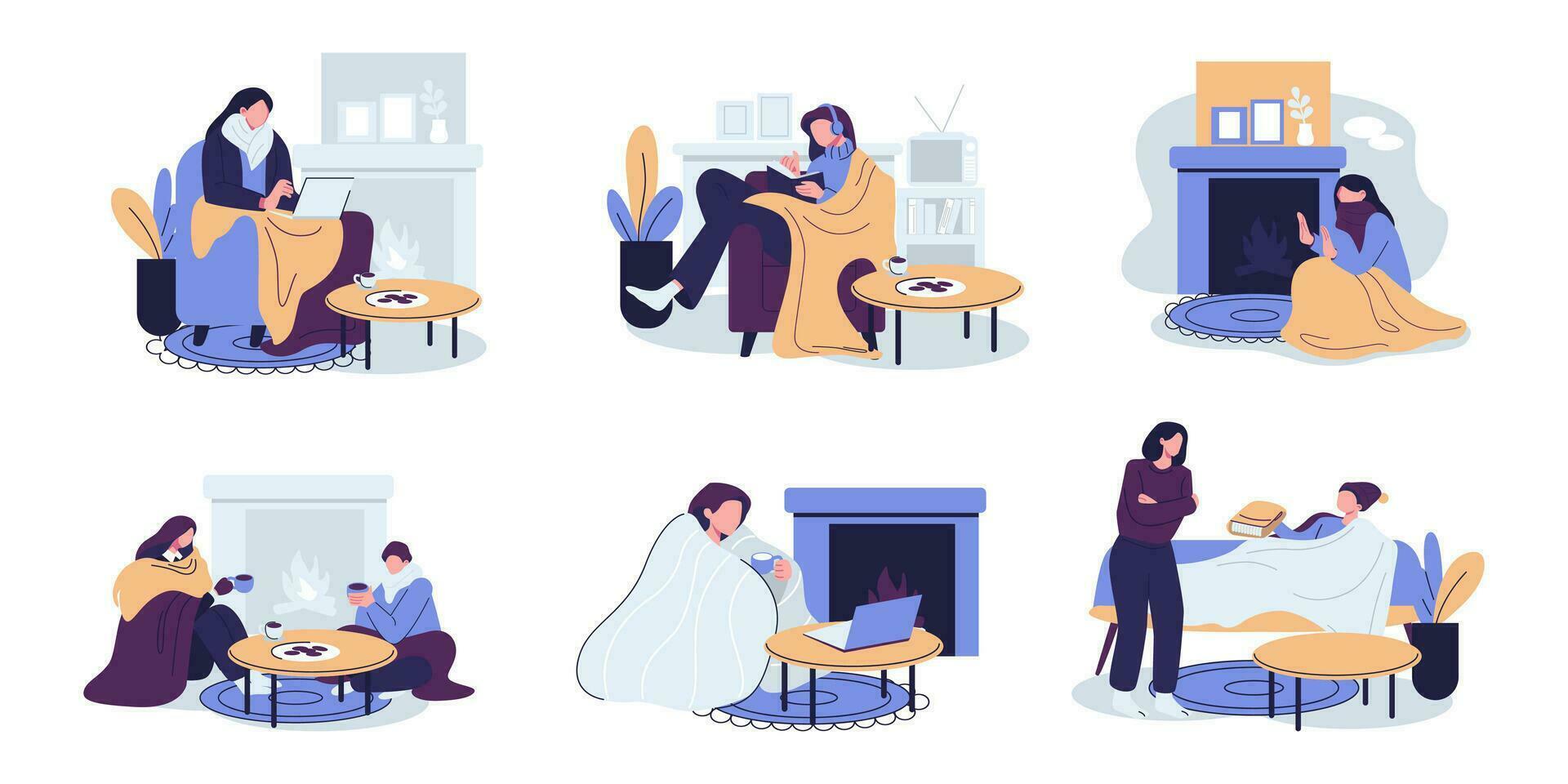 mensen ijskoud, rillingen van verkoudheid Bij huis reeks vlak vector illustratie ontwerp