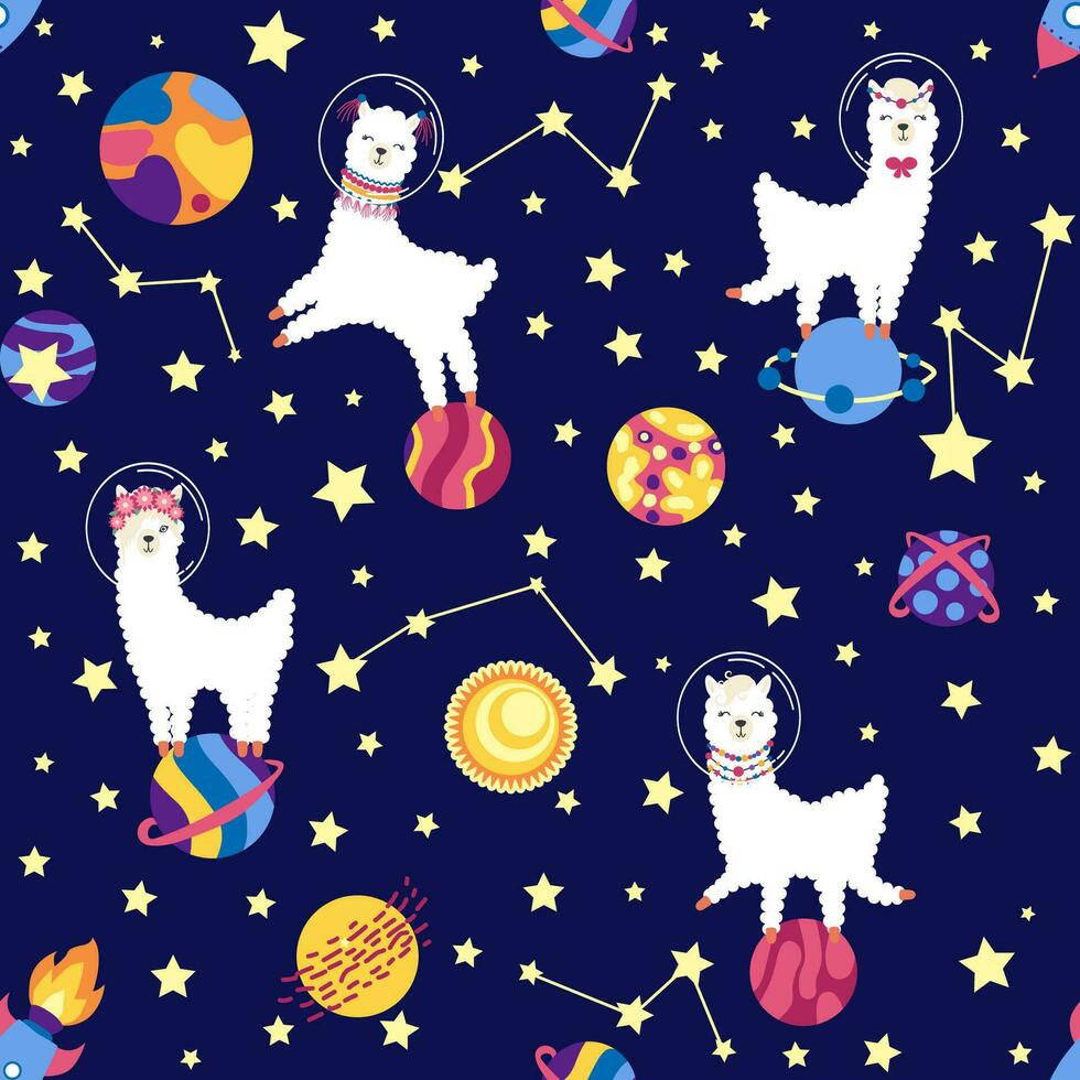 naadloos patroon met lama in een raket, in ruimte. lama reizen, avonturen tussen de sterren. schattig patroon met alpaca vector