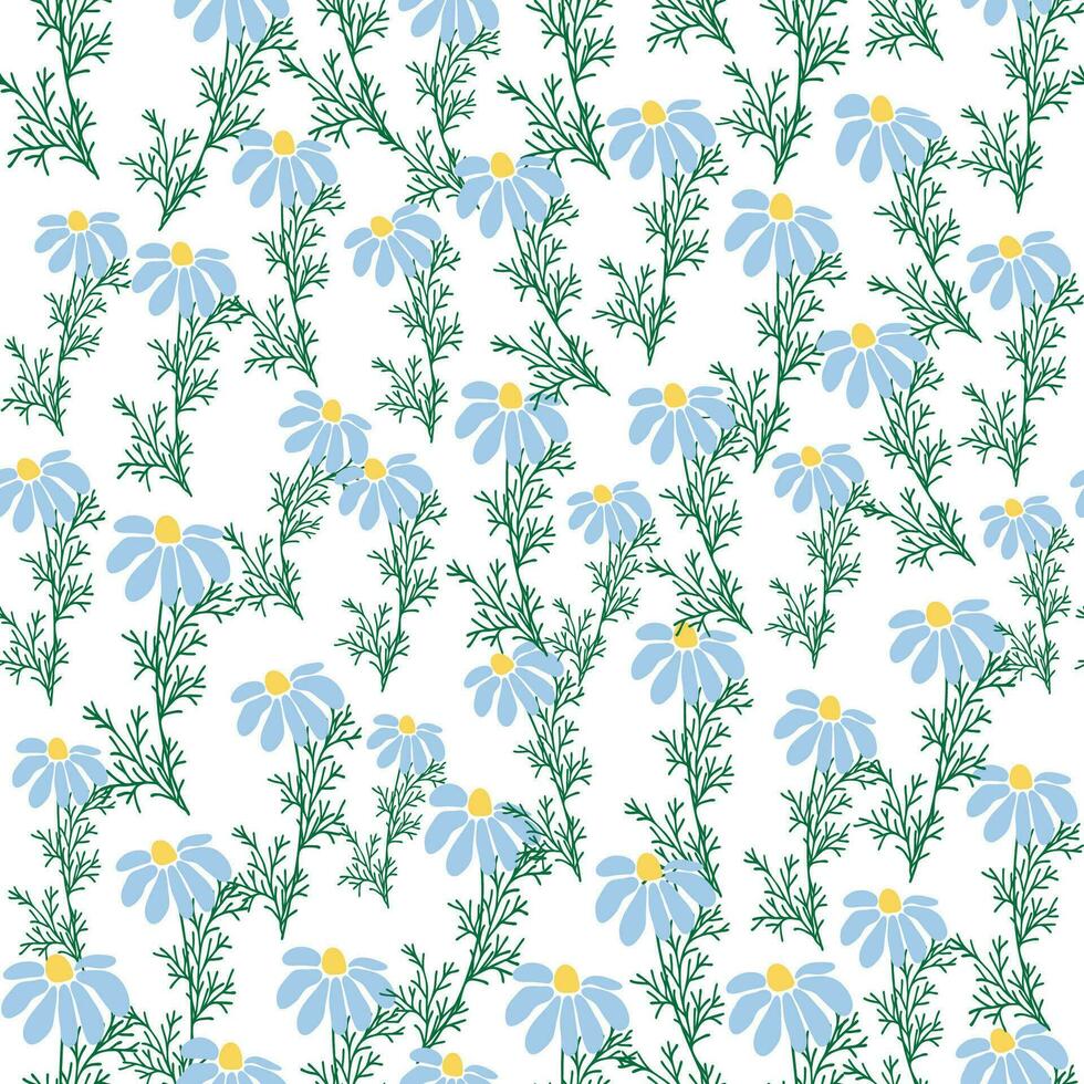 naadloos patroon creatief bloemen afdrukken met kamille bloemen, bladeren in hand- getrokken stijl Aan een blauw-turkoois achtergrond vector