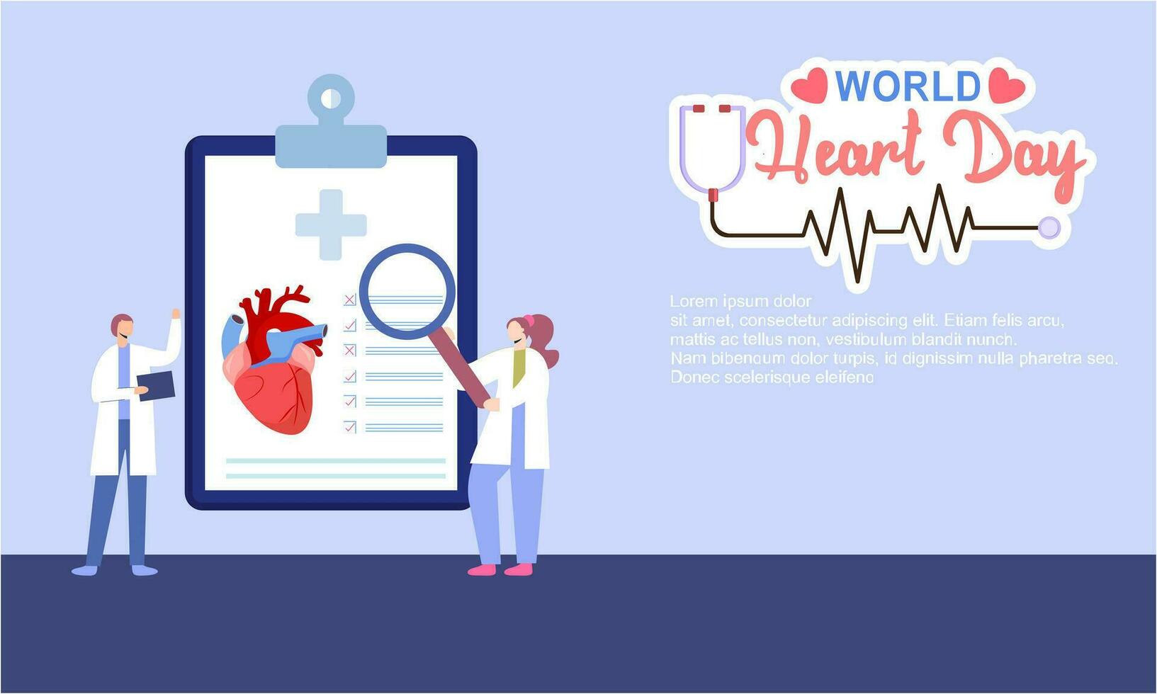 wereld hart dag poster campagne in tekenfilm karakter behandeling en Gezondheid zorg bewustzijn en vlak ontwerp Bij 29 september vector