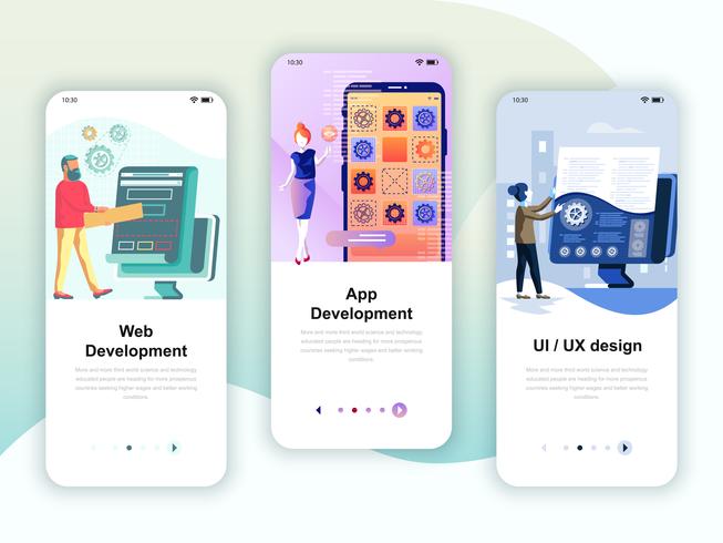 Set onboarding-schermen gebruikersinterfacekit voor Web- en App-ontwikkeling vector