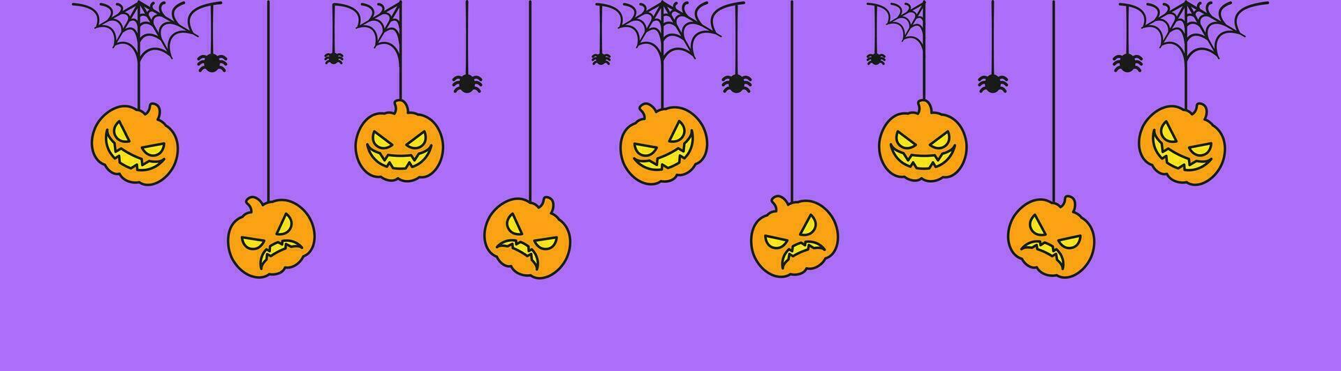 gelukkig halloween banier of grens met jack O lantaarn pompoenen. hangende spookachtig ornamenten decoratie vector illustratie, truc of traktatie partij uitnodiging