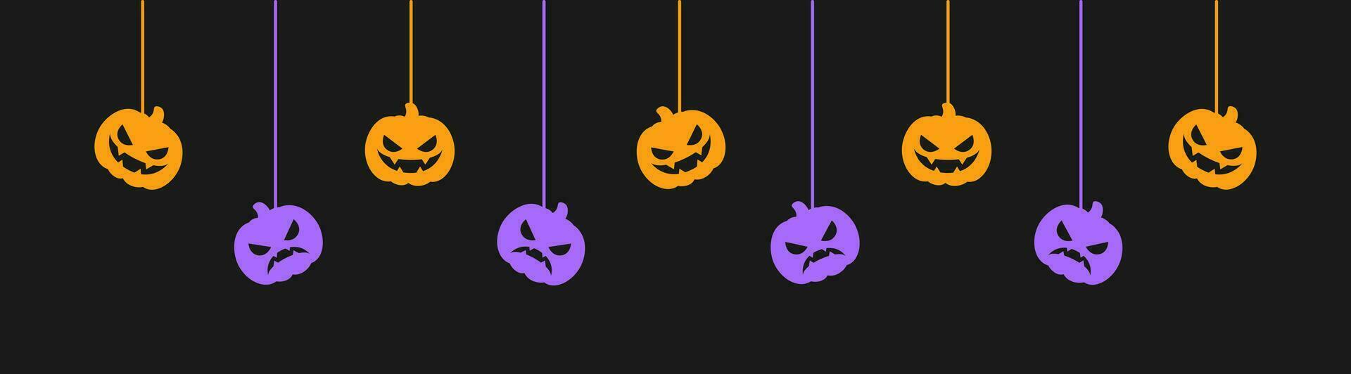 gelukkig halloween banier of grens met jack O lantaarn pompoenen silhouet. hangende spookachtig ornamenten decoratie vector illustratie, truc of traktatie partij uitnodiging