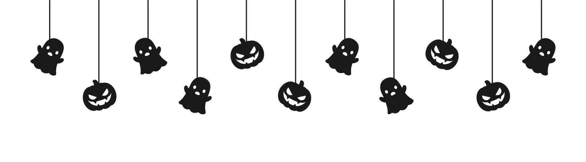 gelukkig halloween banier of grens met zwart geest en jack O lantaarn pompoenen. hangende spookachtig ornamenten decoratie vector illustratie, truc of traktatie partij uitnodiging