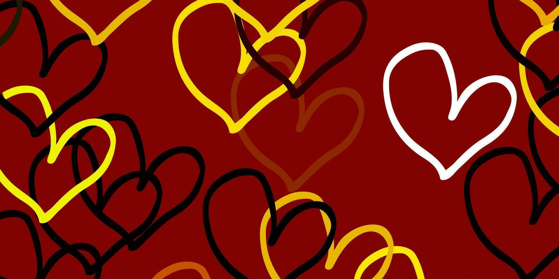 licht rood, geel vector sjabloon met doodle harten.
