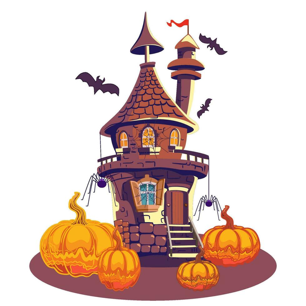 halloween kasteel met webben en spinnen Bij de pompoen lap vector illustratie