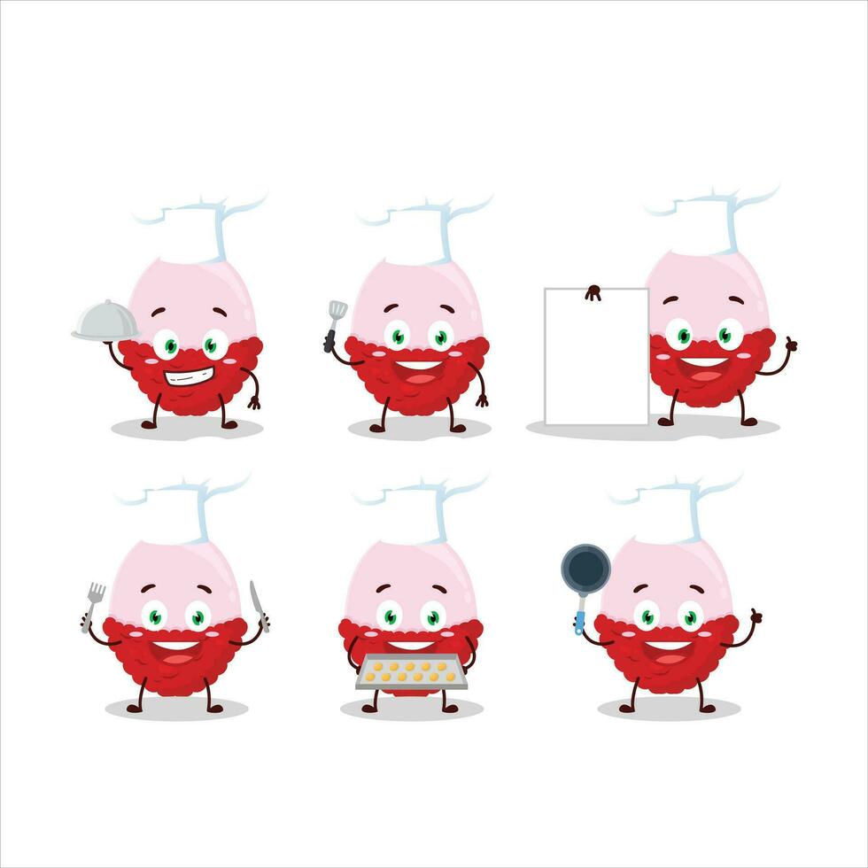 tekenfilm karakter van plak van lychee met divers chef emoticons vector