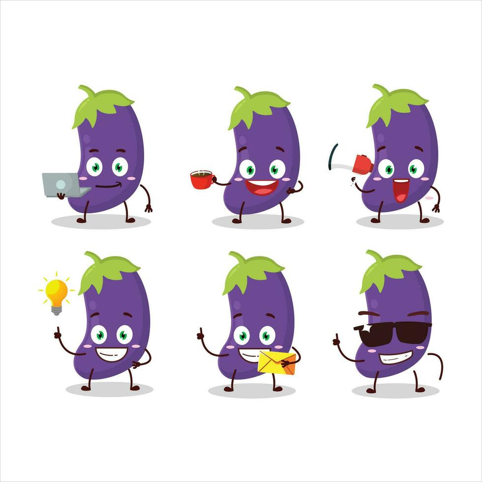 aubergine tekenfilm karakter met divers types van bedrijf emoticons vector