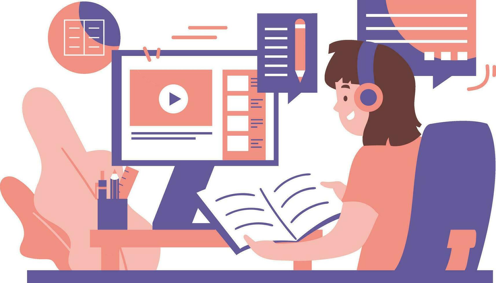 online aan het leren, e-learning, afstand onderwijs concept. jong vrouw leerling aan het studeren Bij huis met computer en boeken. vector illustratie