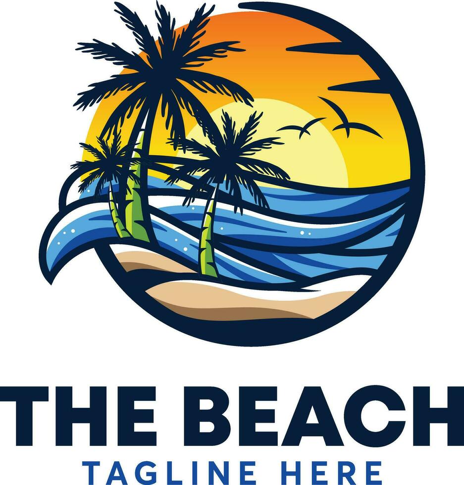 zomer strand oceaan illustratie logo, toerisme, natuur, vakantie, zon, palm boom, sjabloon, paradijs vector
