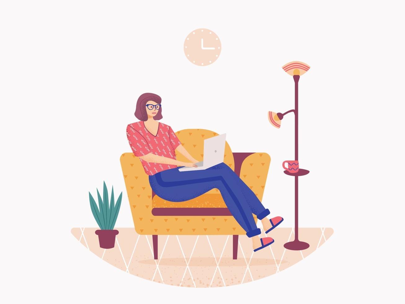 vrouw zittend op de bank en werkend op de laptop, freelancer thuiswerkplek vector