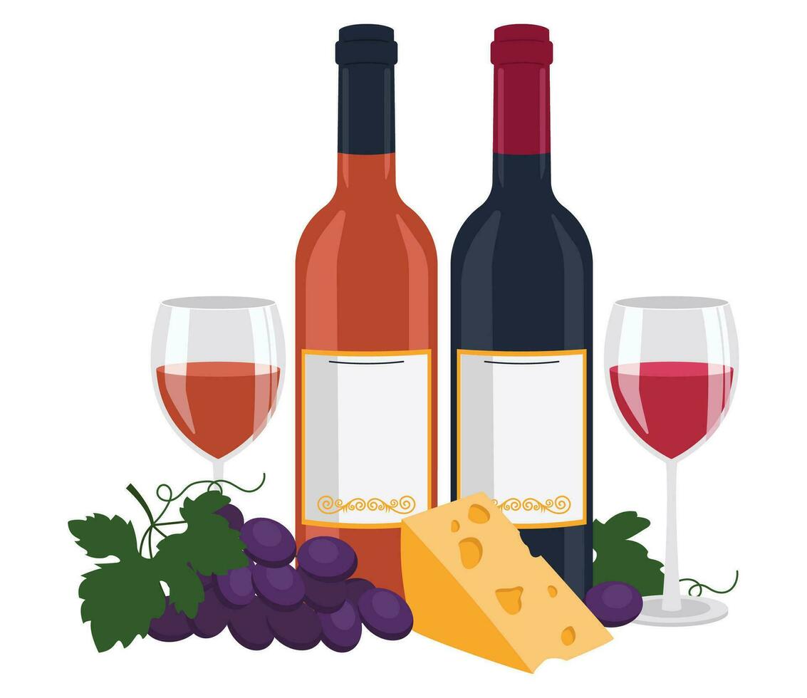 fles van rood wijn en een fles van oranje wijn, wijn in bril, kaas en druif. vector grafisch.