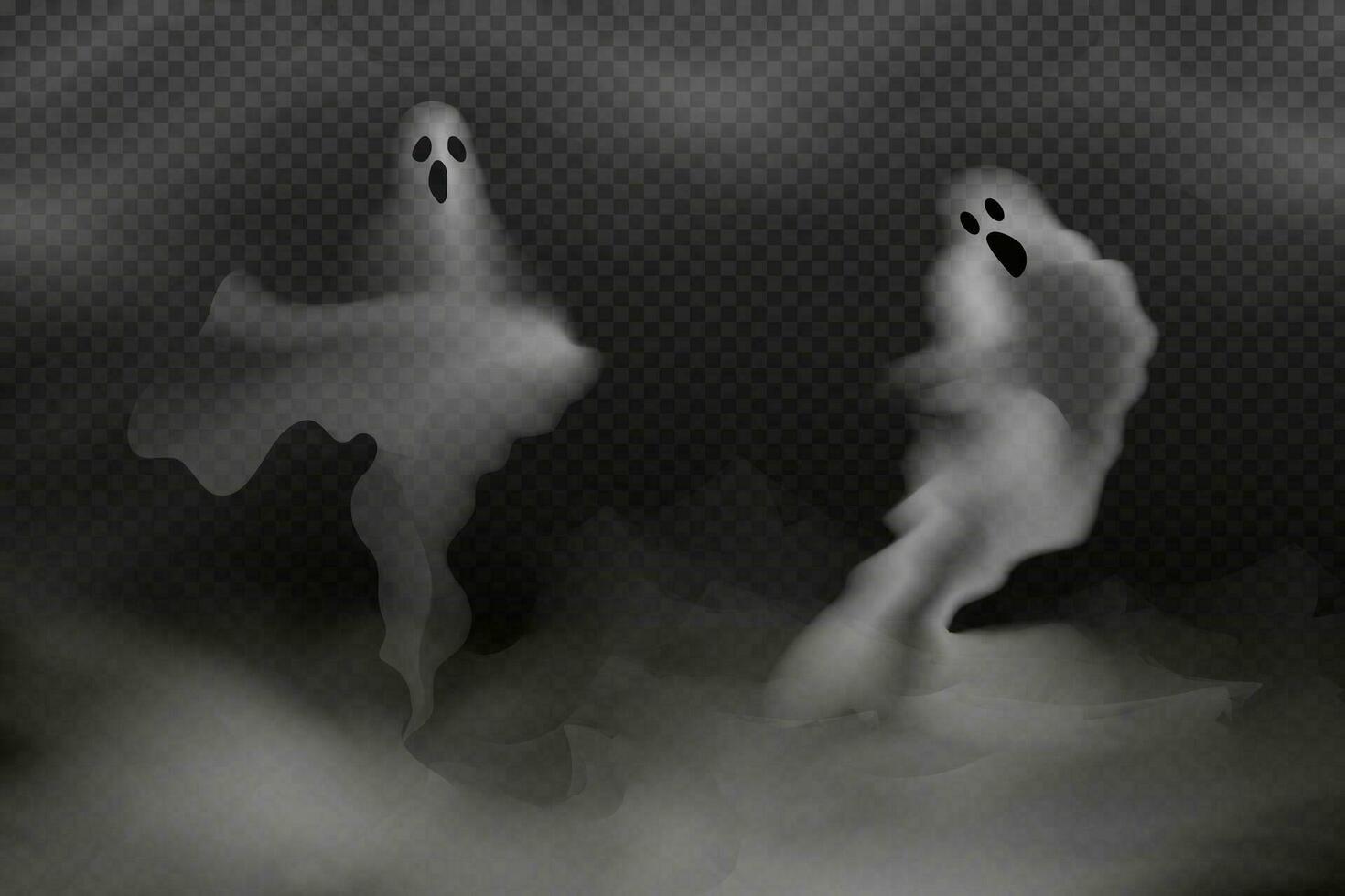 reeks van realistisch eng vliegend geesten.griezelig geesten en vampiers.eng fantomen banier vector.3d rook, mist op zoek geest Bij nacht.de hoofd symbolen van halloween. vector