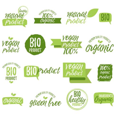 Stickers en kentekens voor biologisch voedsel en drank vector