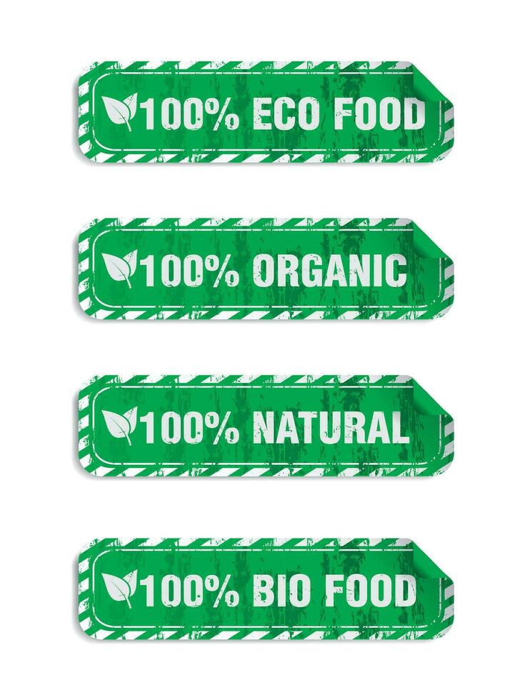 100 eco voedsel, biologisch, natuurlijk, bio voedsel groen grunge stickers reeks vector