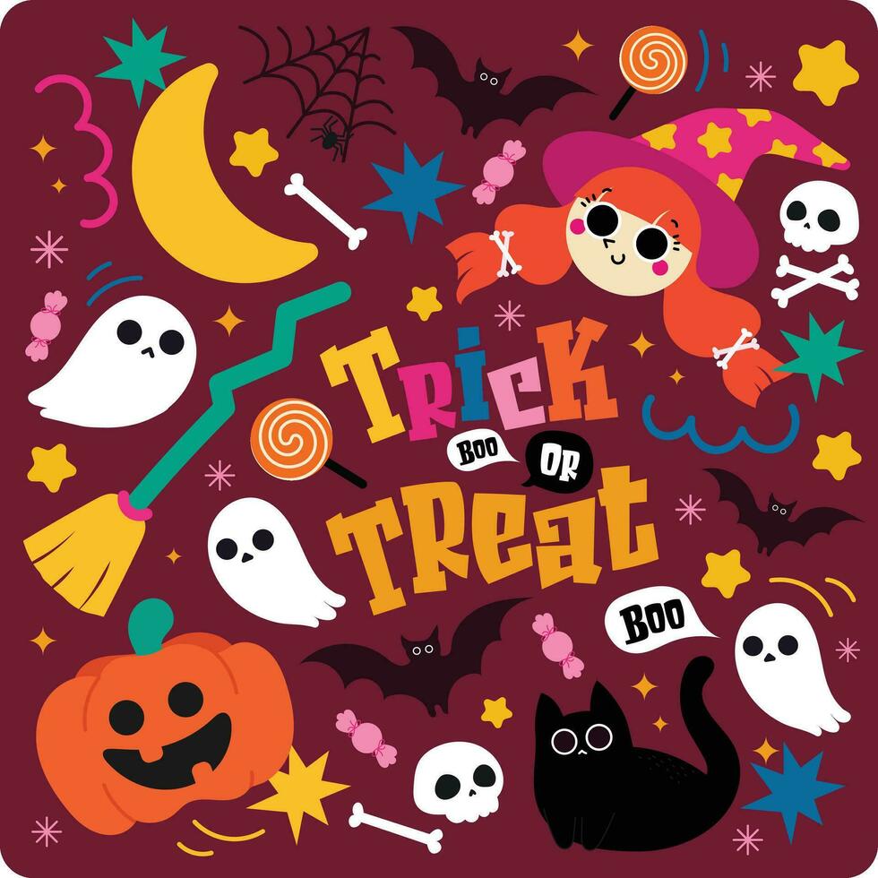 vlak ontwerp vector schattig gelukkig halloween uitnodiging kaart sjabloon illustratie