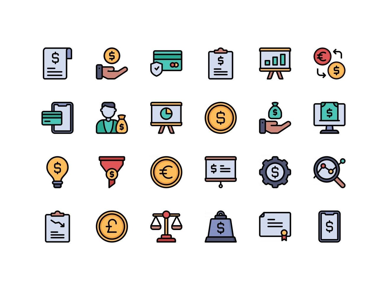 financiën en boekhouding lineaire kleur icon set vector