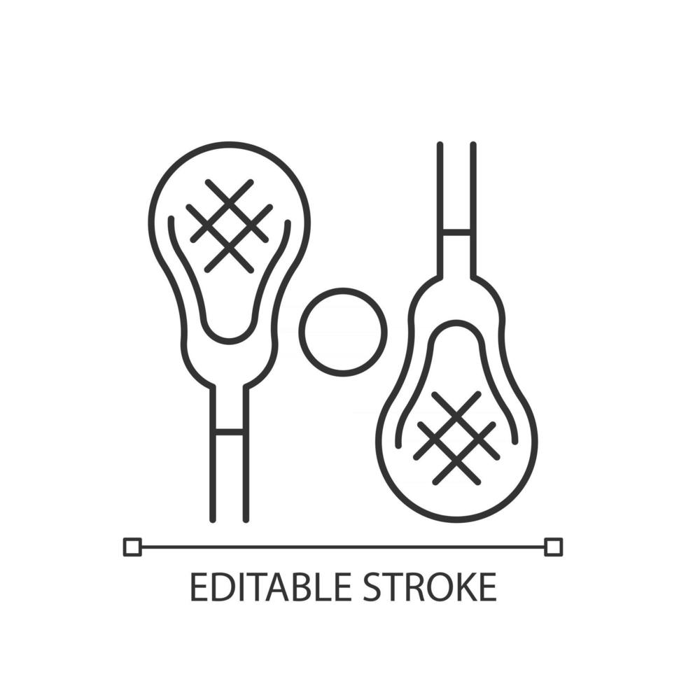 lacrosse lineaire pictogram. spelen met lacrosse stick buiten. competitieve teamsport. lichaamstraining. dunne lijn aanpasbare illustratie. contour symbool. vector geïsoleerde overzichtstekening. bewerkbare streek