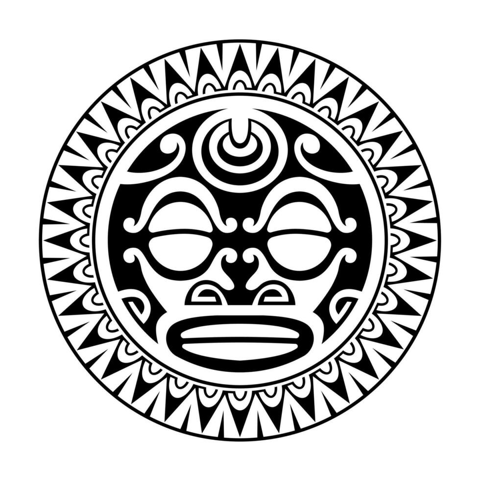 ronde tatoeëren ornament met zon gezicht Maori stijl. Afrikaanse, azteken of mayan etnisch masker. zwart en wit. vector