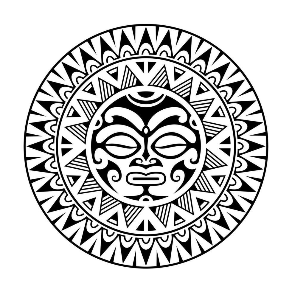 ronde tatoeëren ornament met zon gezicht Maori stijl. Afrikaanse, azteken of mayan etnisch masker. zwart en wit. vector