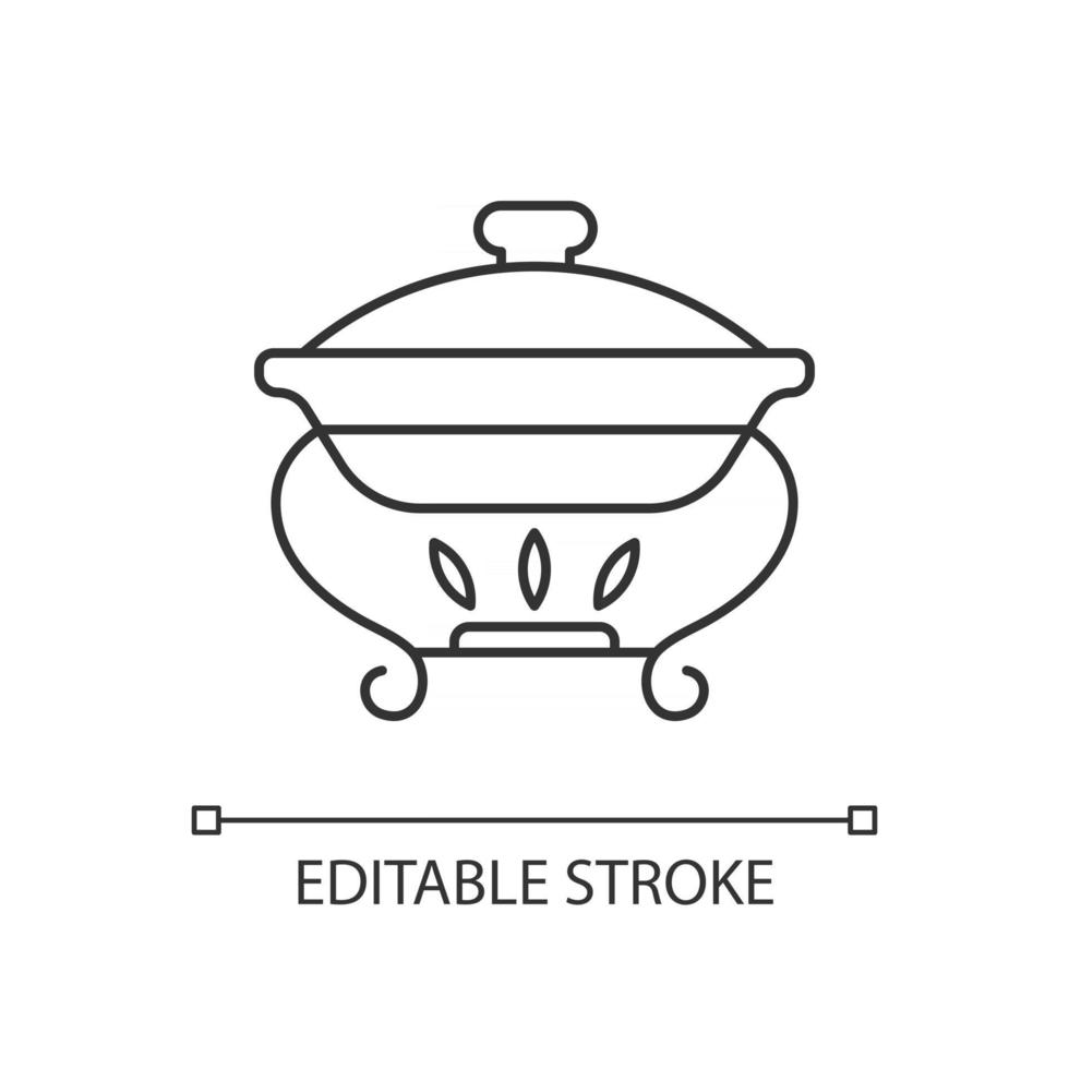 opwarming van de aarde lineaire pictogram. komfoor voor het bewaren van voedsel. container die maaltijden warm houdt. dunne lijn aanpasbare illustratie. contour symbool. vector geïsoleerde overzichtstekening. bewerkbare streek