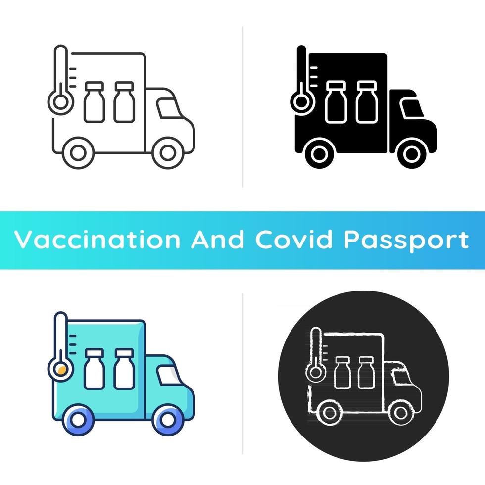 vaccin transport icoon. distributie van medicijnen. farmaceutische remedie verzending van. vrachtwagen met apotheekvoorraad. gezondheidszorg. lineaire zwarte en rgb-kleurstijlen. geïsoleerde vectorillustraties vector