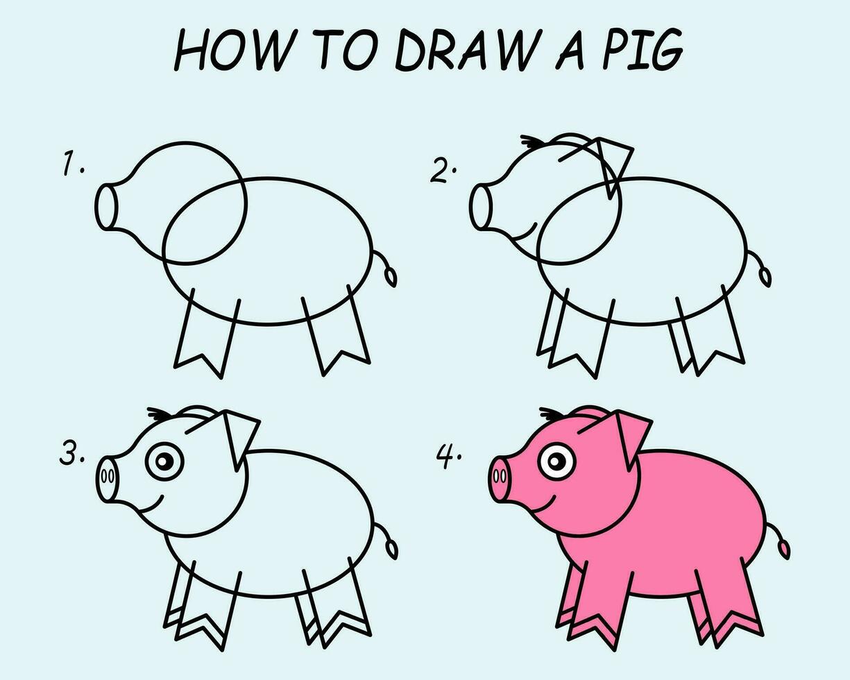 stap door stap naar trek een varken. tekening zelfstudie een varken. tekening les voor kinderen. vector illustratie