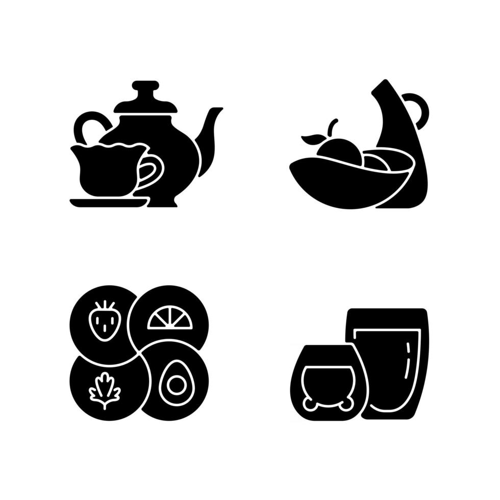 trendy keukengerei zwarte glyph pictogrammen ingesteld op witruimte. sectionele plaat en verdeelde schotel. dubbele glazen kopjes voor hete thee. servies in vintage stijl. silhouet symbolen. vector geïsoleerde illustratie