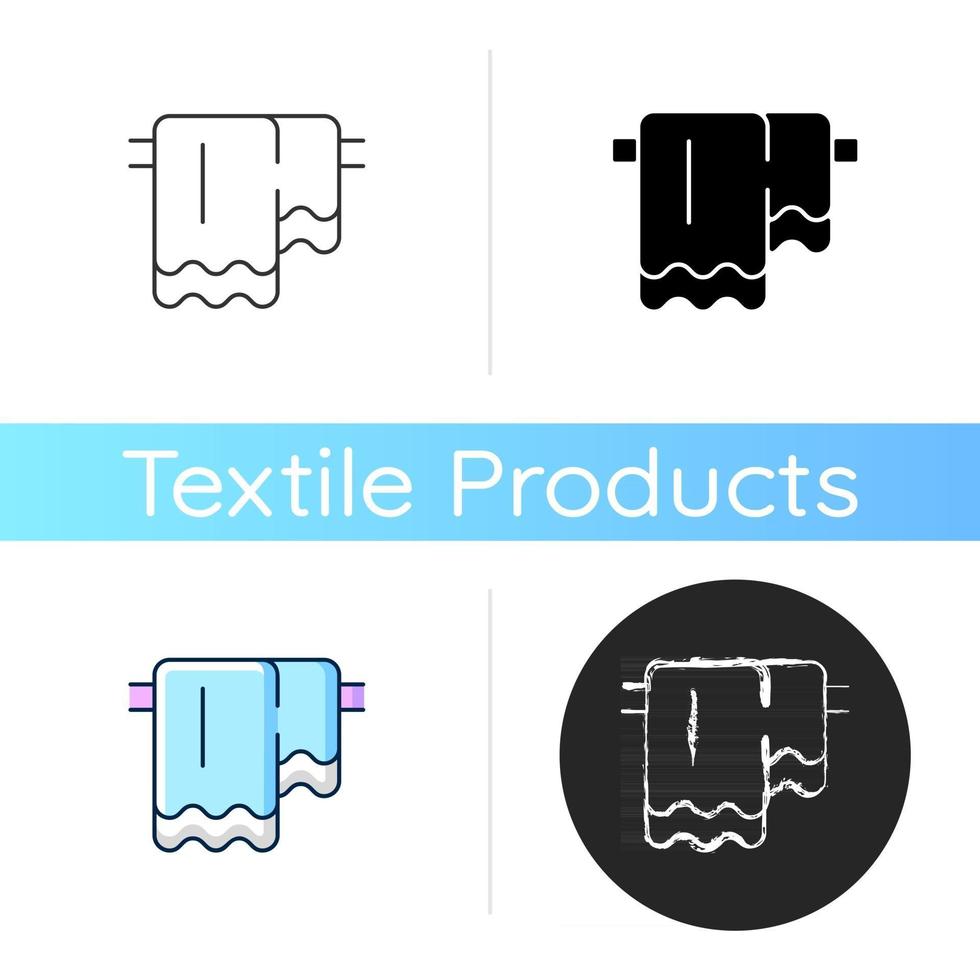 hangende handdoek icoon. schone doekjes voor onder de douche. badkamer gordijnen. textielproducten, huishouddoeken. huishoudelijk materiaal. lineaire zwarte en rgb-kleurstijlen. geïsoleerde vectorillustraties vector