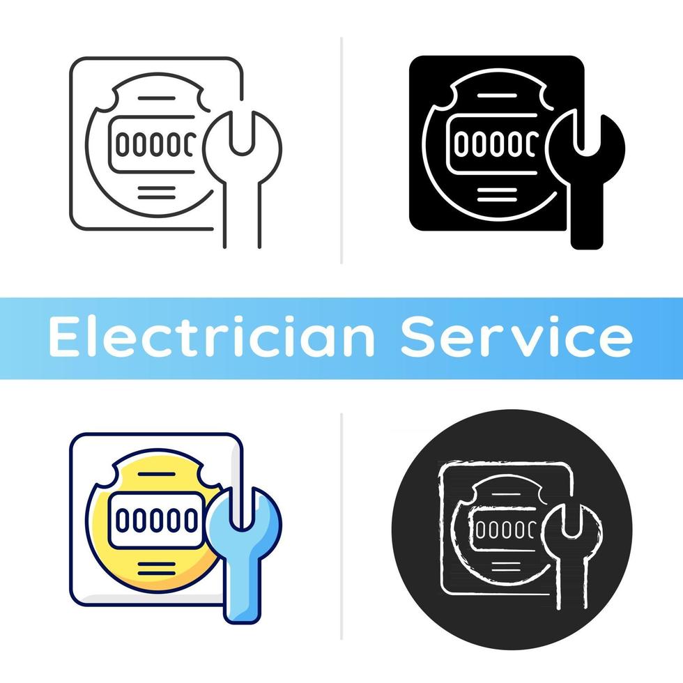 elektrische meter reparatie icoon. klokachtige apparaatinstallatie. onderhoud energiemeter. het verstrekken van informatie over het energieverbruik. lineaire zwarte en rgb-kleurstijlen. geïsoleerde vectorillustraties vector