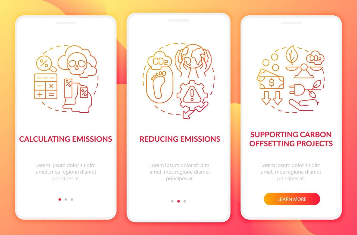 CO2-neutraliteit onboarding mobiele app-paginascherm met concepten. CO2-compensatieprojecten doorloop 3 stappen grafische instructies. ui, ux, gui vectorsjabloon met lineaire kleurenillustraties vector