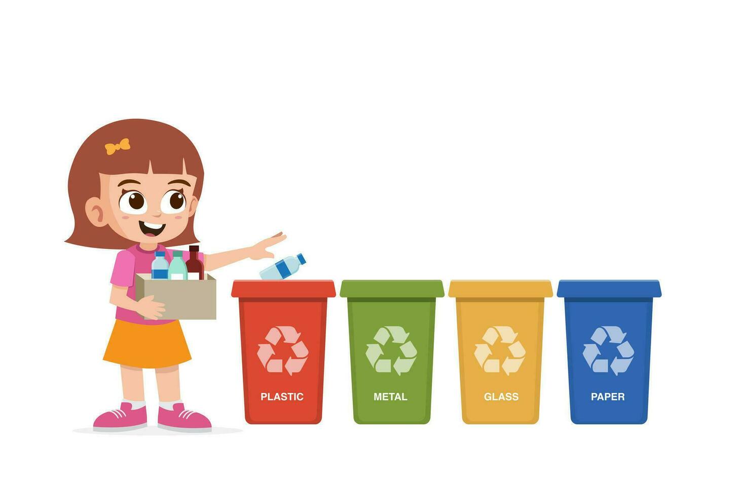 schattig weinig meisje Gooi plastic verspilling naar recycle bak vector illustratie