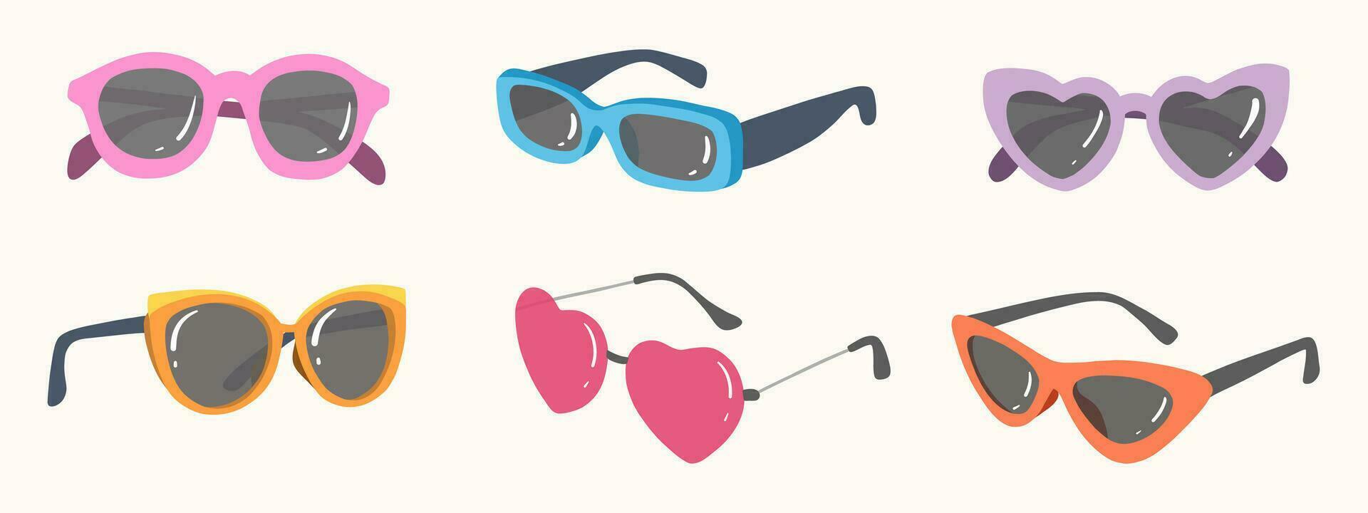 reeks van zonnebril in retro stijl . eyewear in verschillend vormen. verzameling van modern en wijnoogst accessoires. bescherming van zonneschijn. geïsoleerd vector illustratie