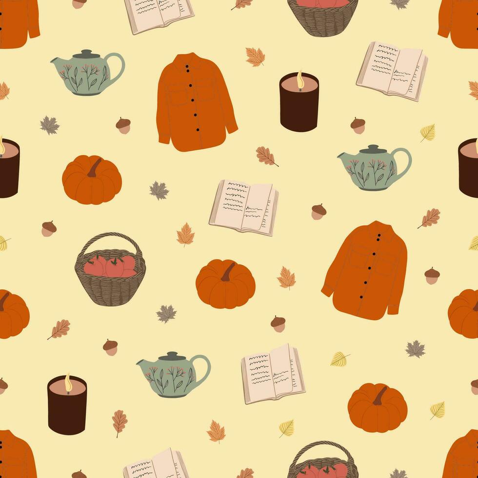 herfst reeks naadloos patroon. pompoen, thee, kaars, boek, mand van appels, jasje. verzameling van vallen seizoen elementen. hand- getrokken vector illustratie