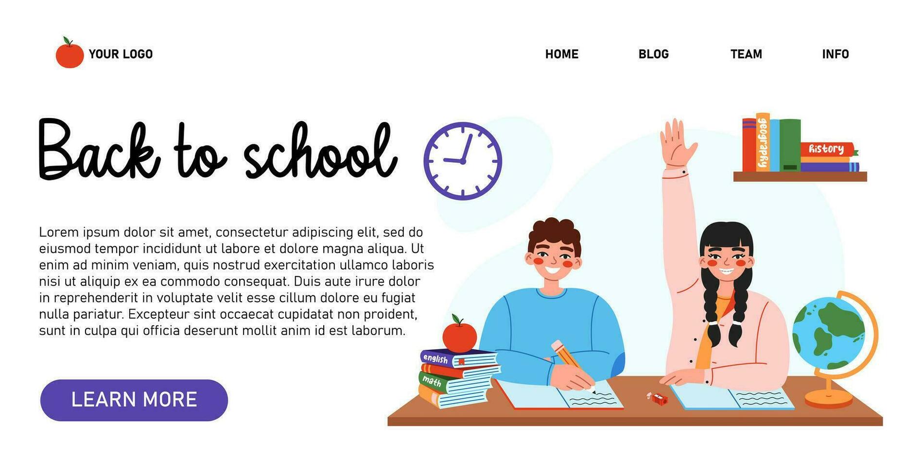 schattig school- kinderen zittend Bij bureau en schrijft en verhoogt hand- Aan les. terug naar school- concept. landen bladzijde of web spandoek. vector