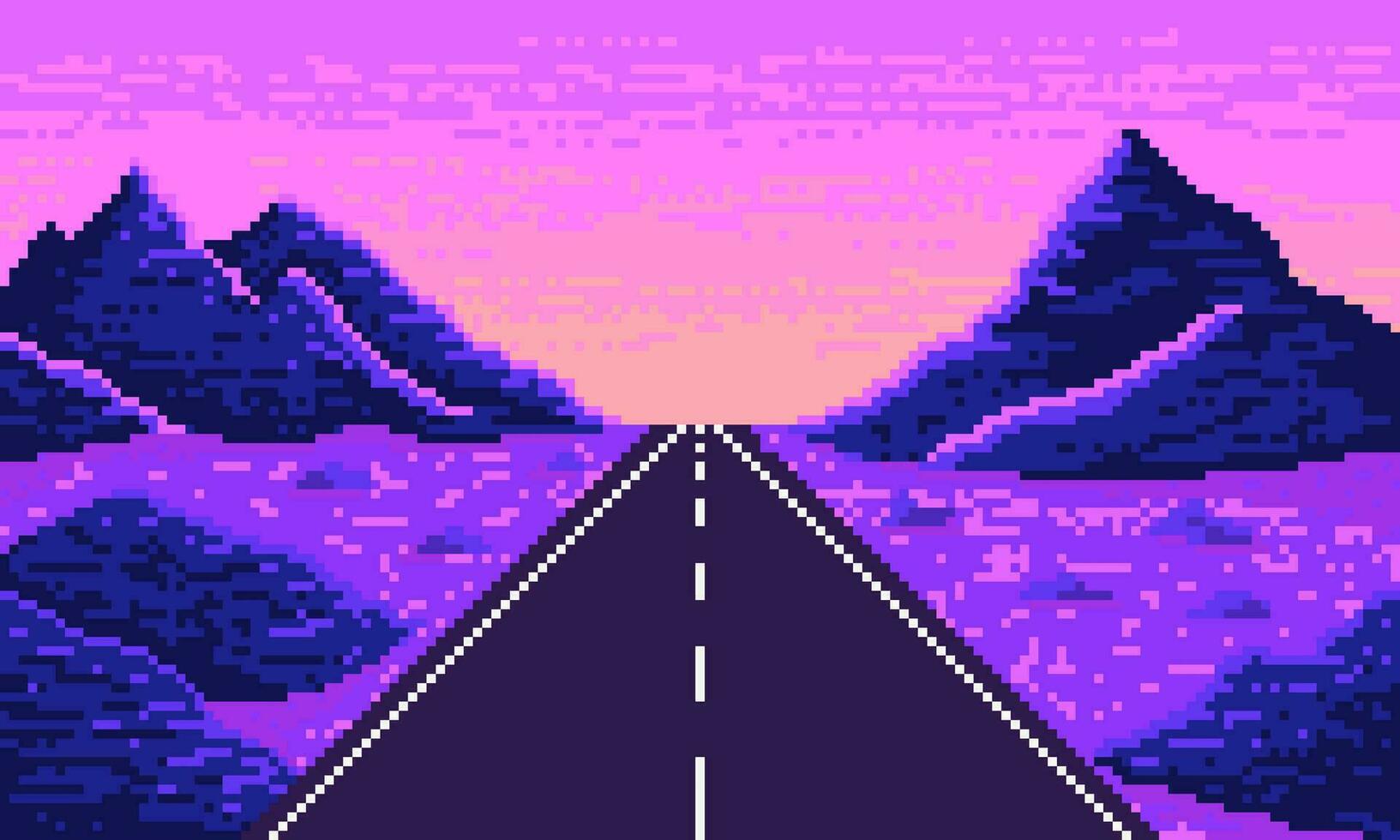 pixel Rechtdoor snelweg in neon woestijn. Purper synthwave 8 bit vallei met asfalt weg uitrekken in horizon met zand en vector heuvels.