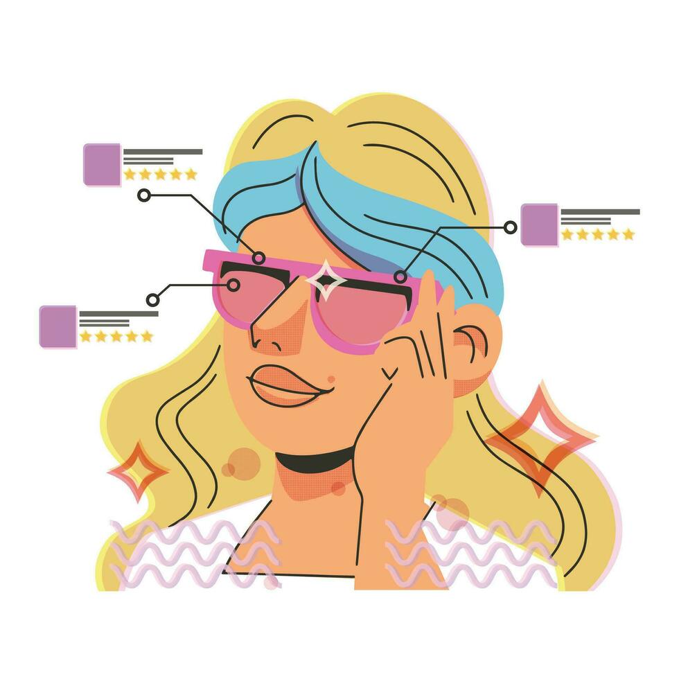 vrouw draagt slim bril, vr virtueel realiteit en uitgebreid realiteit technologie. risografie retro stijl van toekomst. tekenfilm meisje karakter. vector illustratie geïsoleerd Aan wit.