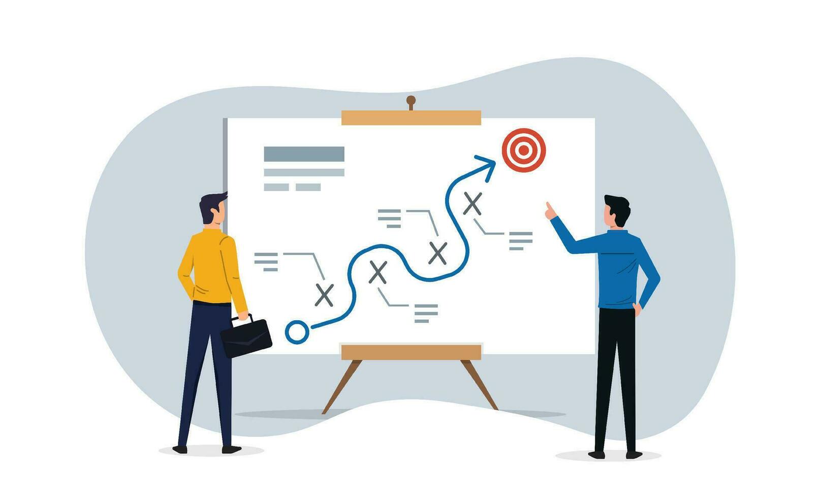 strategisch planning naar overwinnen moeilijkheid of hindernis naar bereiken doel of doelwit, bedrijf succes voor brainstormen, team planning voor succes tactiek tabel of concurrent analyse. vector