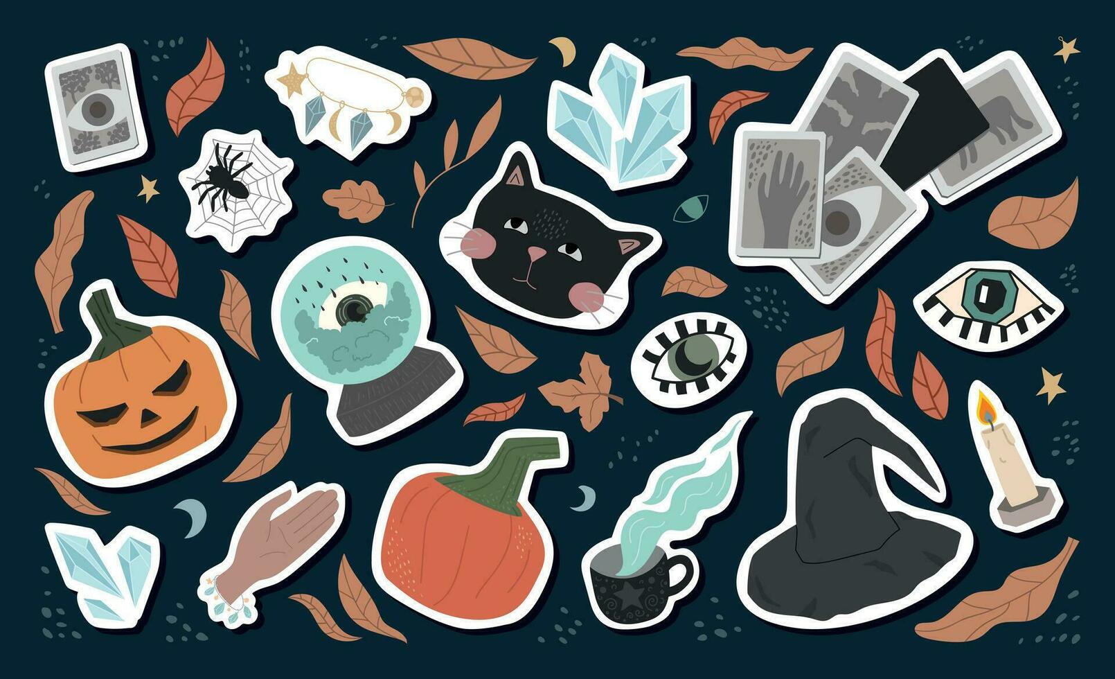 groot reeks van schattig halloween stickers - zwart kat, ogen, heks hoed, pompoenen, spinnen, fortuin vertellen bal, kaarten, Kristallen, herfst bladeren. vlak illustratie. voor een ansichtkaart, poster of ieder ontwerp. vector