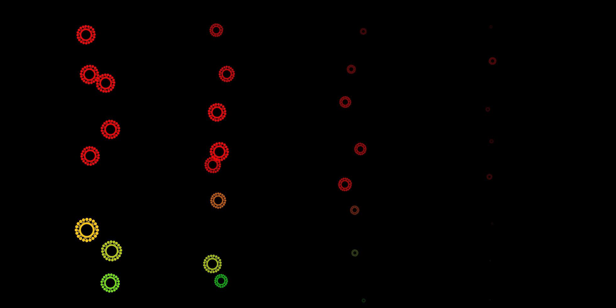 donkergroene, rode vector achtergrond met covid-19 symbolen.