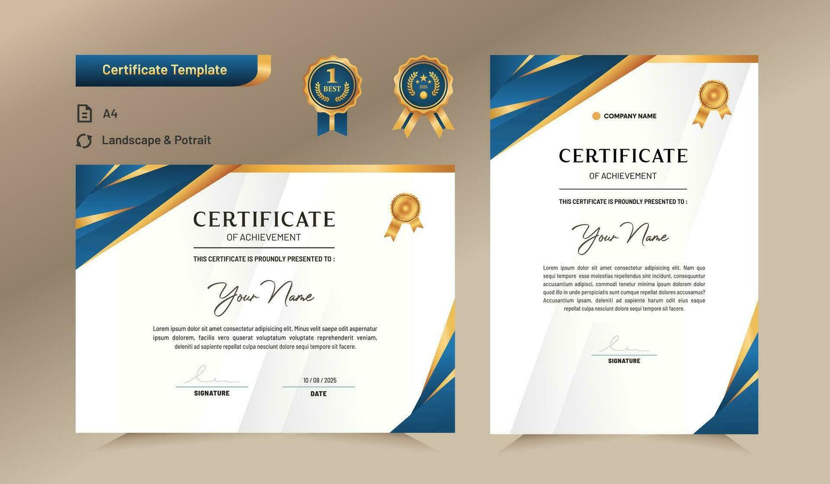 blauw en goud certificaat van prestatie sjabloon. voor prijs, bedrijf, en onderwijs behoeften. vector illustratie