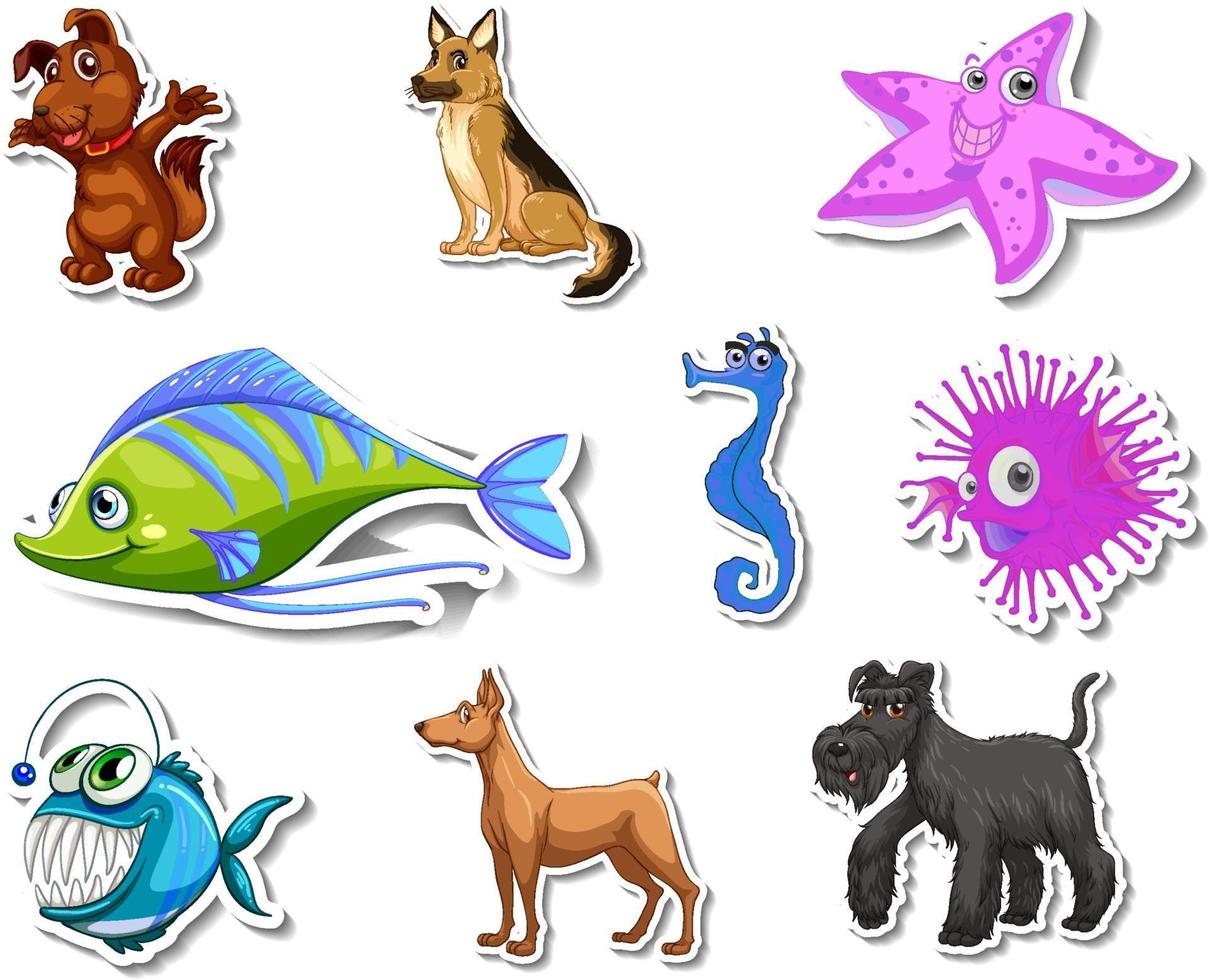 set stickers met zeedieren en honden stripfiguur dogs vector