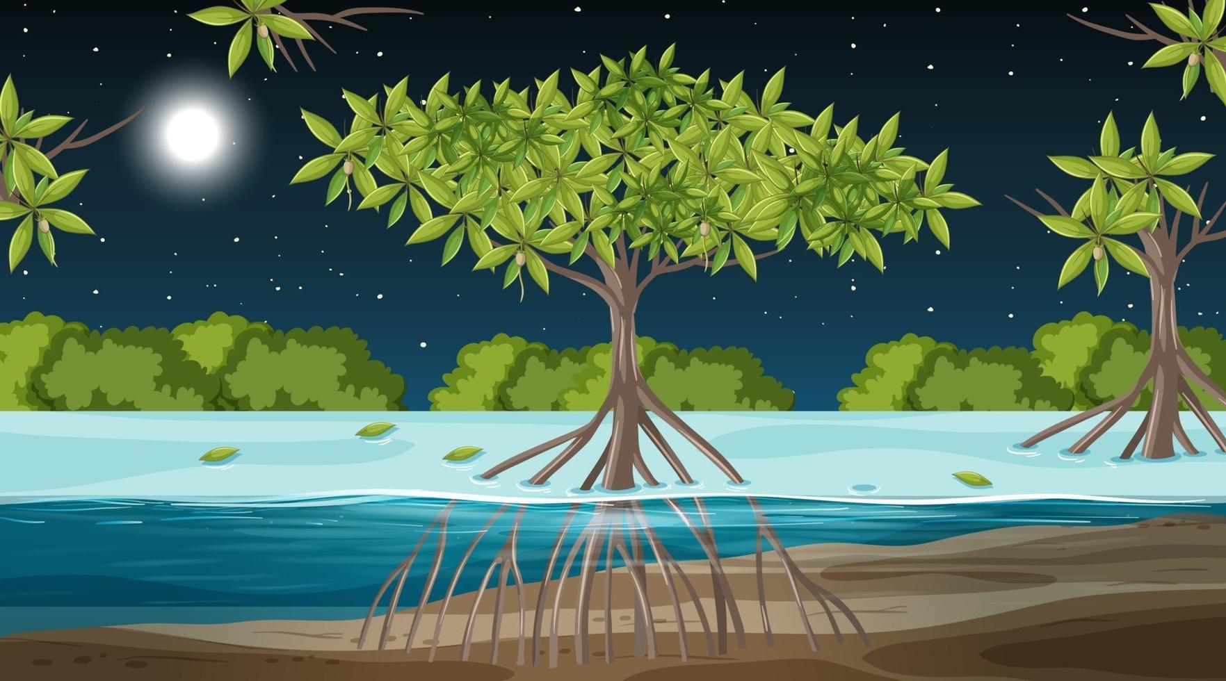 mangroveboslandschapsscène 's nachts met veel verschillende dieren vector