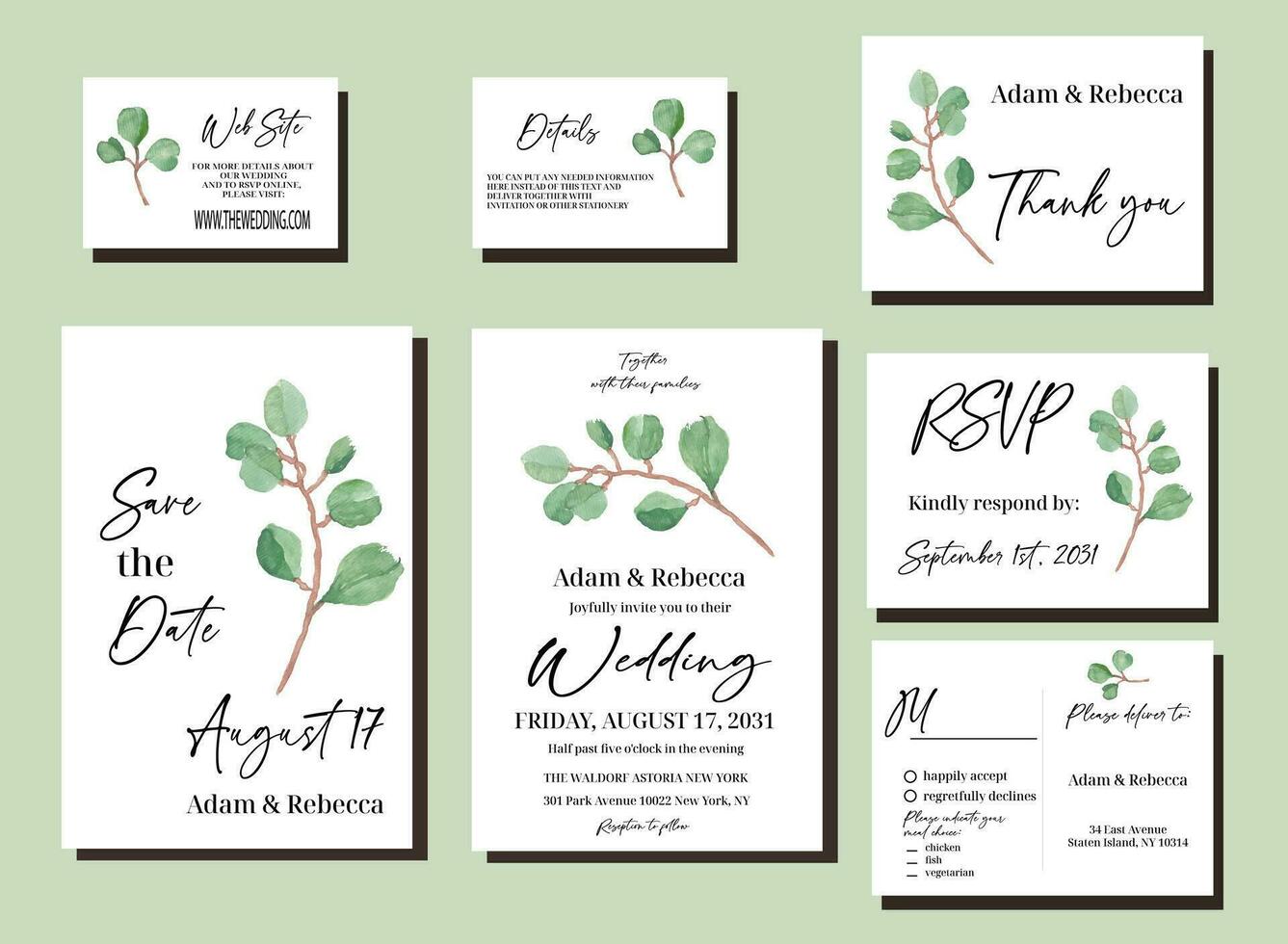 elegant minimalistische eucalyptus groen waterverf geschilderd bruiloft uitnodiging reeks met RSVP, opslaan tha datum en details kaarten vector