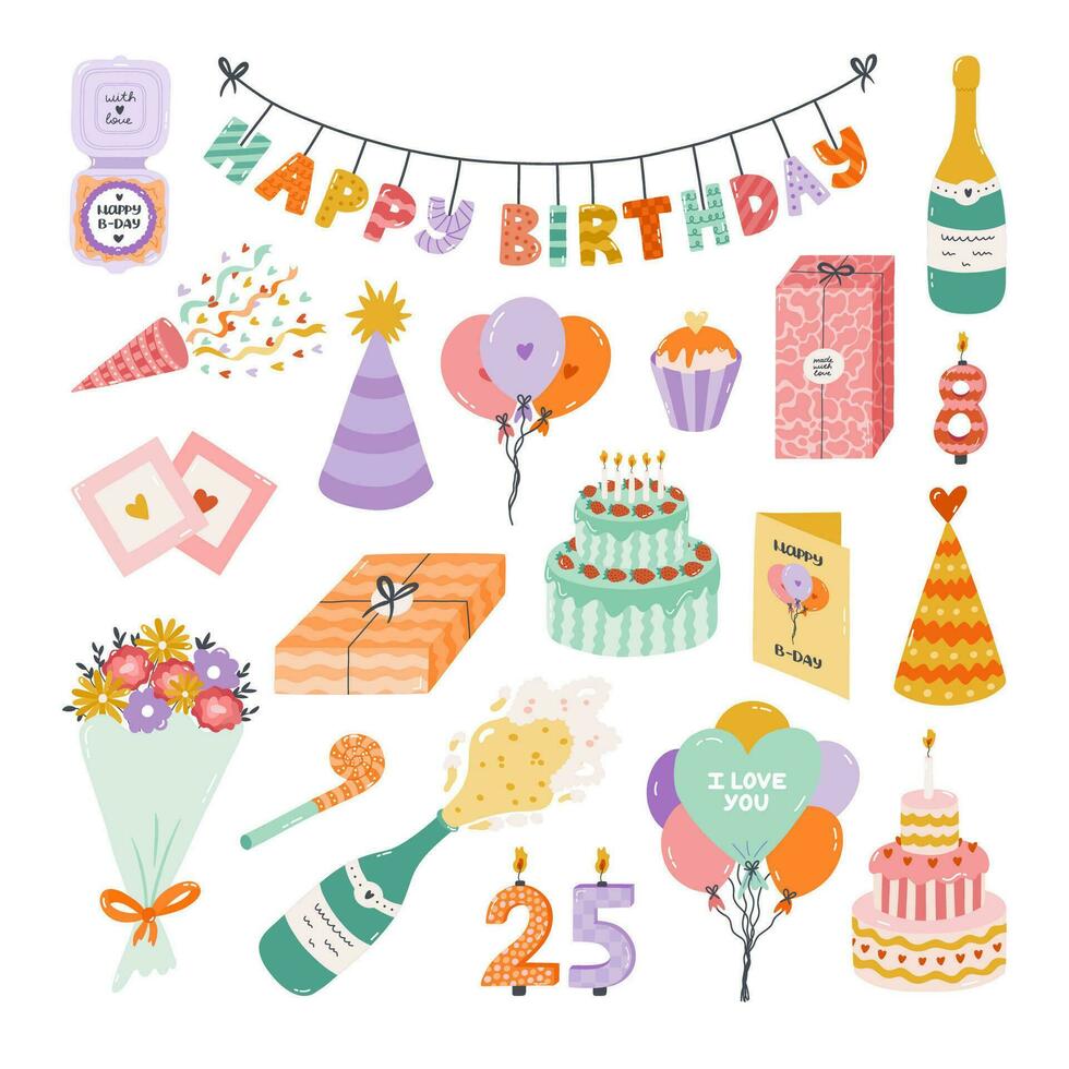 schattig hand- getrokken verjaardag set. modieus vakantie elementen, partij decoratie, cupcakes, kaarsen, geschenken, ballonnen, partij hoed. gelukkig verjaardag clip art verzameling voor kind. symbool van viering, verjaardag. vector