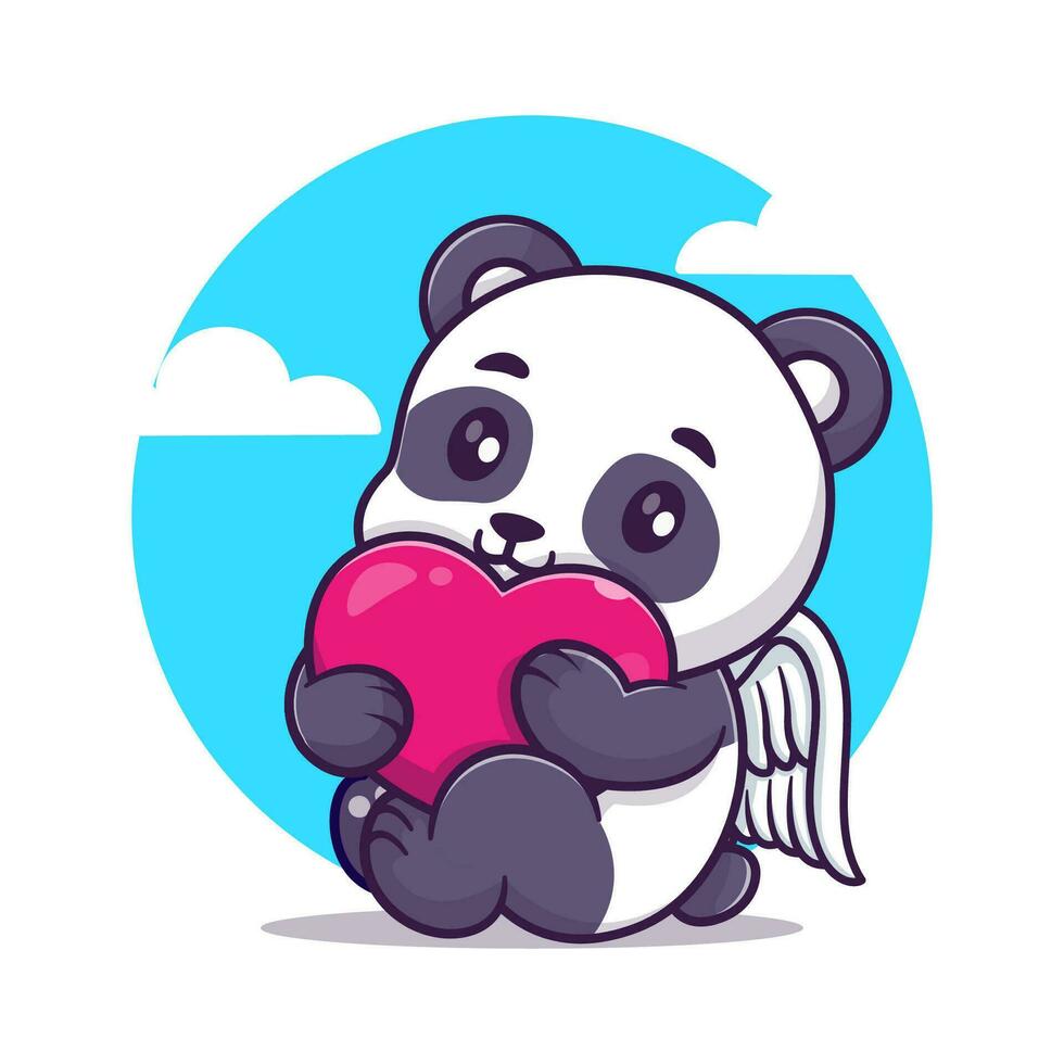 schattig engel panda zittend en Holding de gekleurde hart tekenfilm vector icoon illustratie