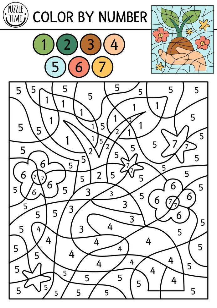 vector ecologisch kleur door aantal werkzaamheid met handen Holding fabriek. eco bewustzijn tafereel. zwart en wit tellen spel met schattig spruit. aarde dag kleur bladzijde voor kinderen