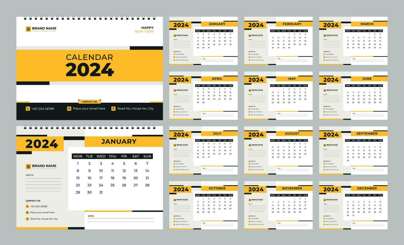 bureau kalender 2024 sjabloon. 12 maanden inbegrepen. bewerkbare 2024 kalender ontwerp. vector ontwerp