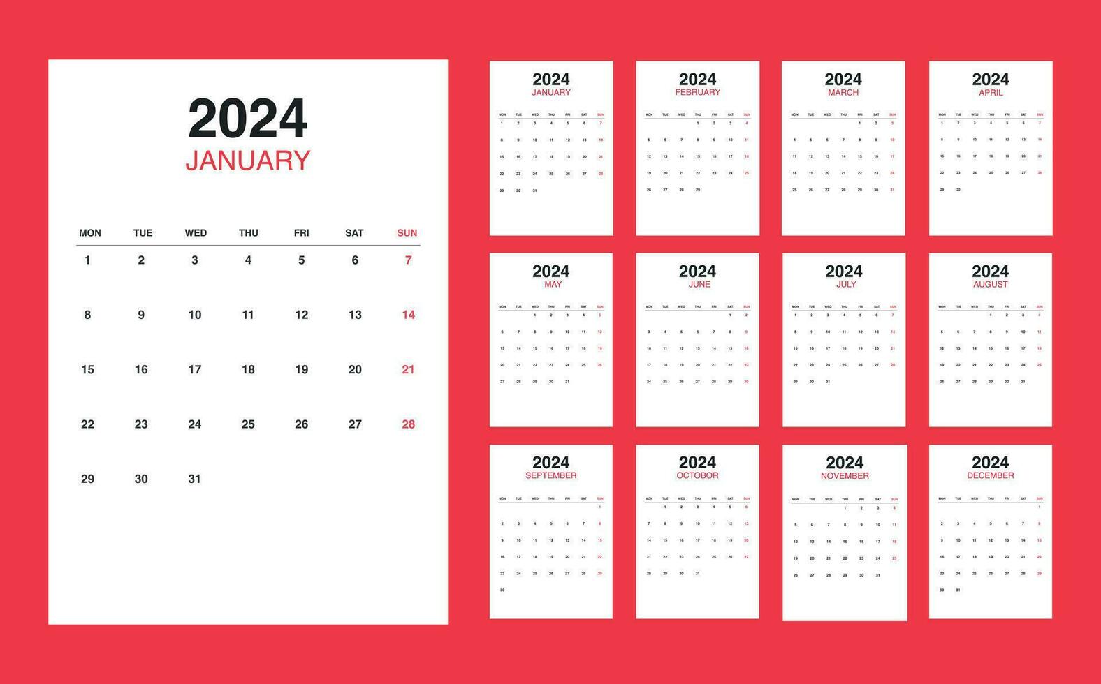 kalender 2024 week begin maandag. bewerkbare 2024 kalender ontwerp sjabloon voor gelukkig nieuw jaar. vector